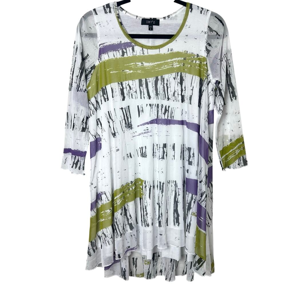 Comfy USA Mesh Dress Abstract Print Lagenlook Artsy Boho 3/4 Sleeves Size Small